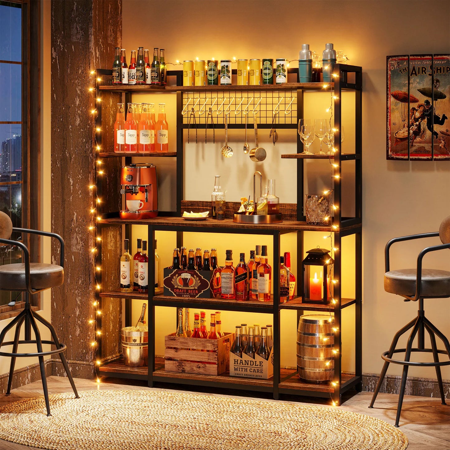 MonoWood Large Bakers Rack, 55" Wide Kitchen Hutch Cabinet Microwave Stand with 11 Hooks, 5-Tier Baker’s Rack Kitchen Shelf