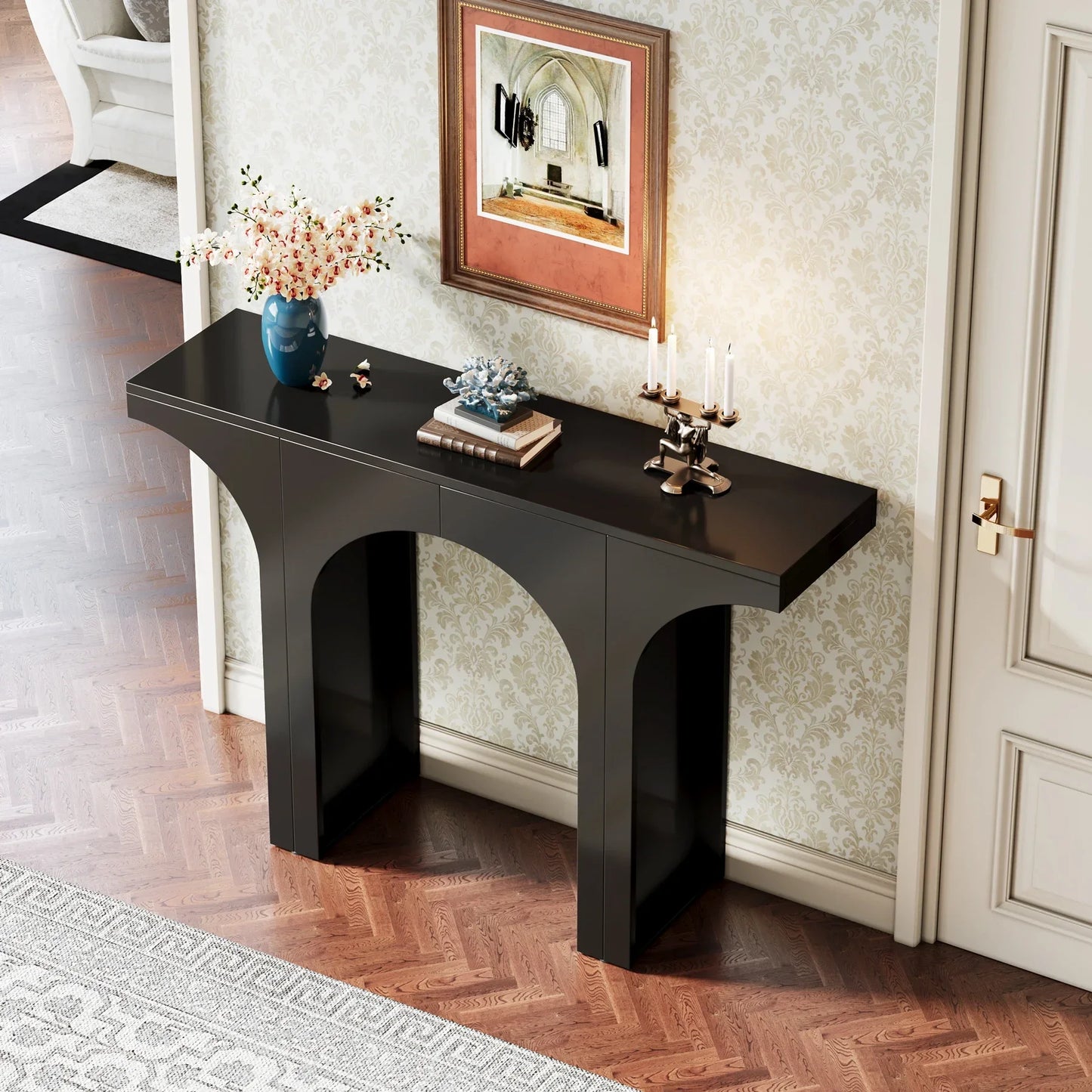 MonoWood 47 Inches Console Table, Black Entryway Table, Modern Hallway Table, Sofa Table with Arch Base, Unique Foyer Table