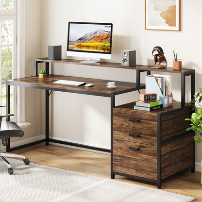 MonoWood 63 Inch Computer Desk with File Drawer Cabinet, Ergonomic Office Desk with Monitor Stand, Industrial Computer Table