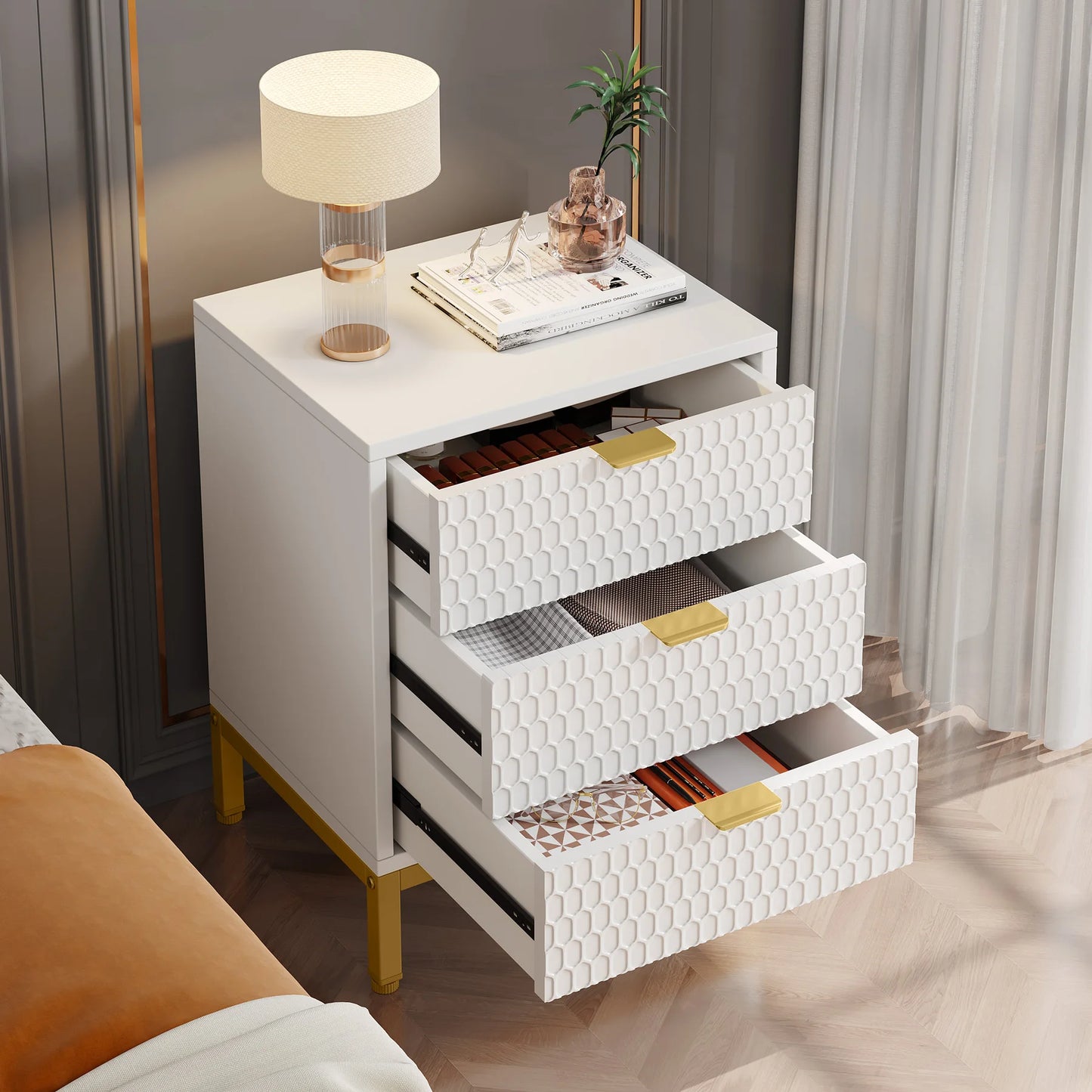 MonoWood Modern Nightstand, 65.5 cm Tall Bedside Table with 3 Drawers, Contemporary End Side Table with Storage