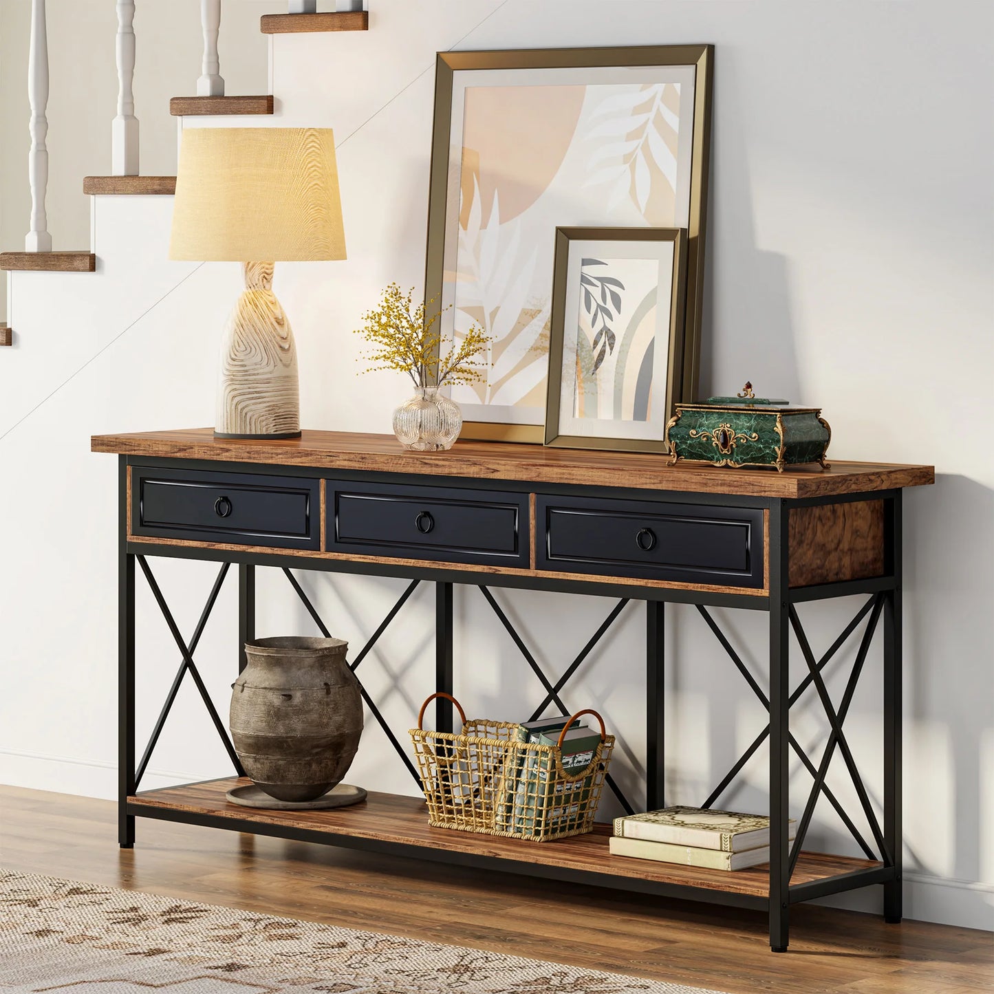 MonoWood 70.8" Console Table with 3 Drawers, Farmhouse Entryway Table with Storage Shelf, Narrow Long Sofa Foyer Table for Ent