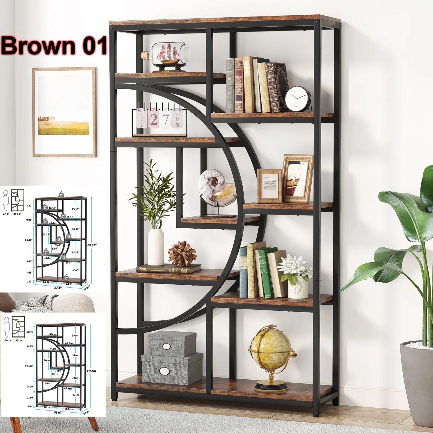MonoWood Bookshelf Industrial 5 Tier Etagere Bookcase, Freestanding Tall Bookshelves Display Shelf Storage Organizer