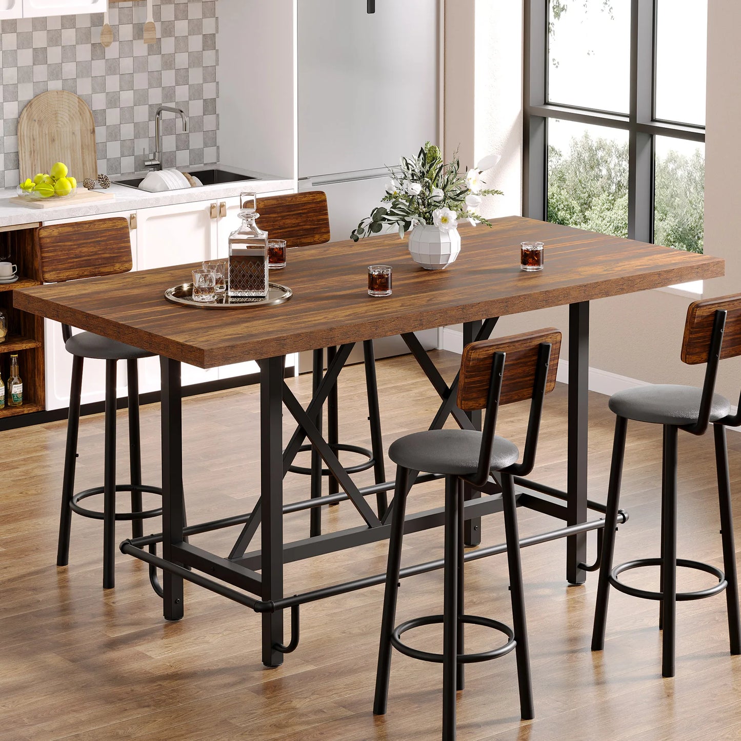 MonoWood Rectangular Counter Height Dining Table with Metal Footrest for 6 People, 35.43" Tall
