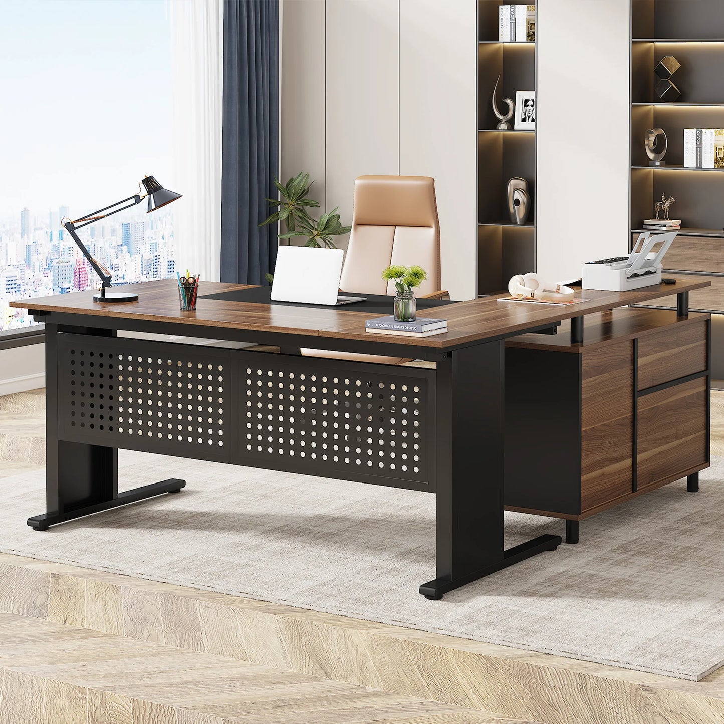 MonoWood 63 Inch Executive Desk with File Cabinet, Large Office Desk L Shaped Computer Desk with Drawers and Storage Shelves