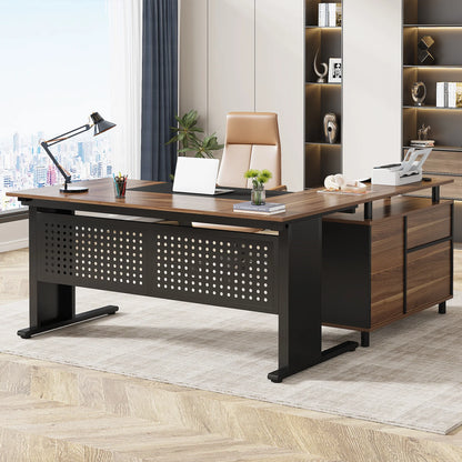 MonoWood 63 Inch Executive Desk with File Cabinet, Large Office Desk L Shaped Computer Desk with Drawers and Storage Shelves