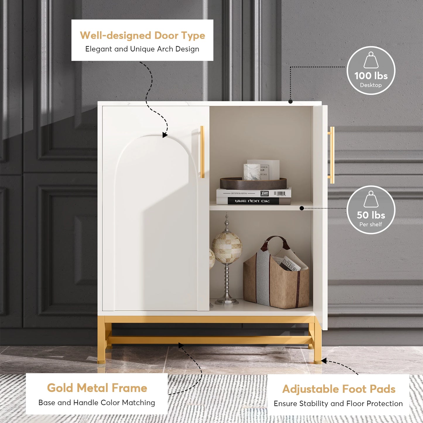 MonoWood Modern Sideboards, Buffet Cabinet with 4 Doors and Adjustable Shelves (White)