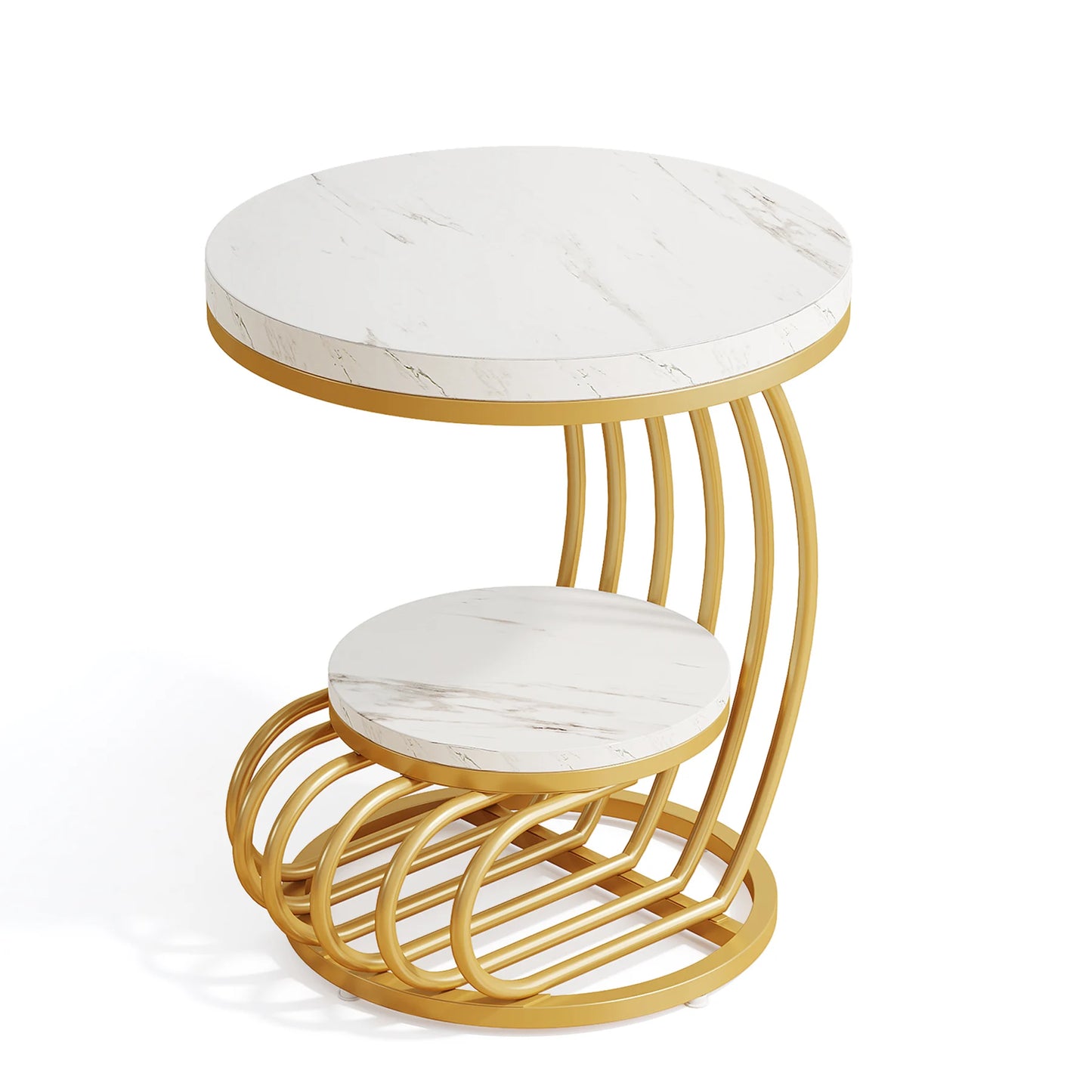 MonoWood Gold Round End Table: 2 Tiers Faux Marble Side Table with Storage Shelf, Modern White Gold Bedside Nightstand