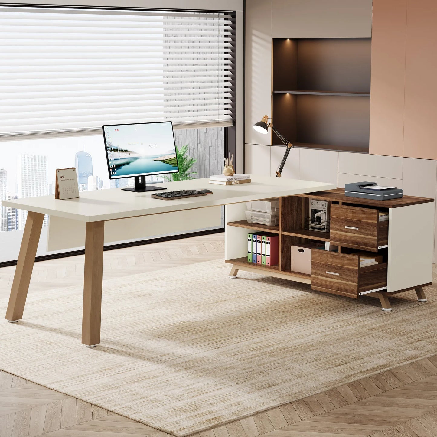 MonoWood 78.7-Inch Executive Desk, L-Shaped Desk with 55-Inch Cabinet, Large Office Desk with Storage Shelves