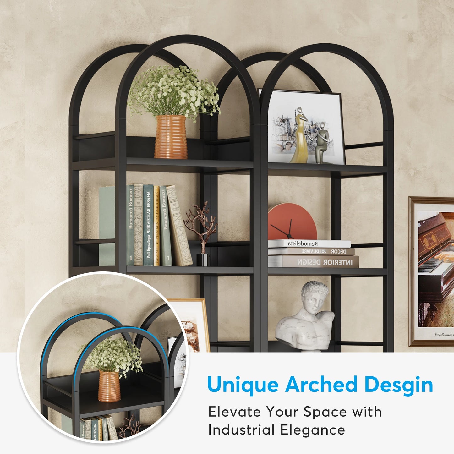 MonoWood 6-Tier Open Bookshelf, 78.7" Tall Arched Bookcase Narrow Bookshelf, Freestanding Corner Bookcase Display Shelves