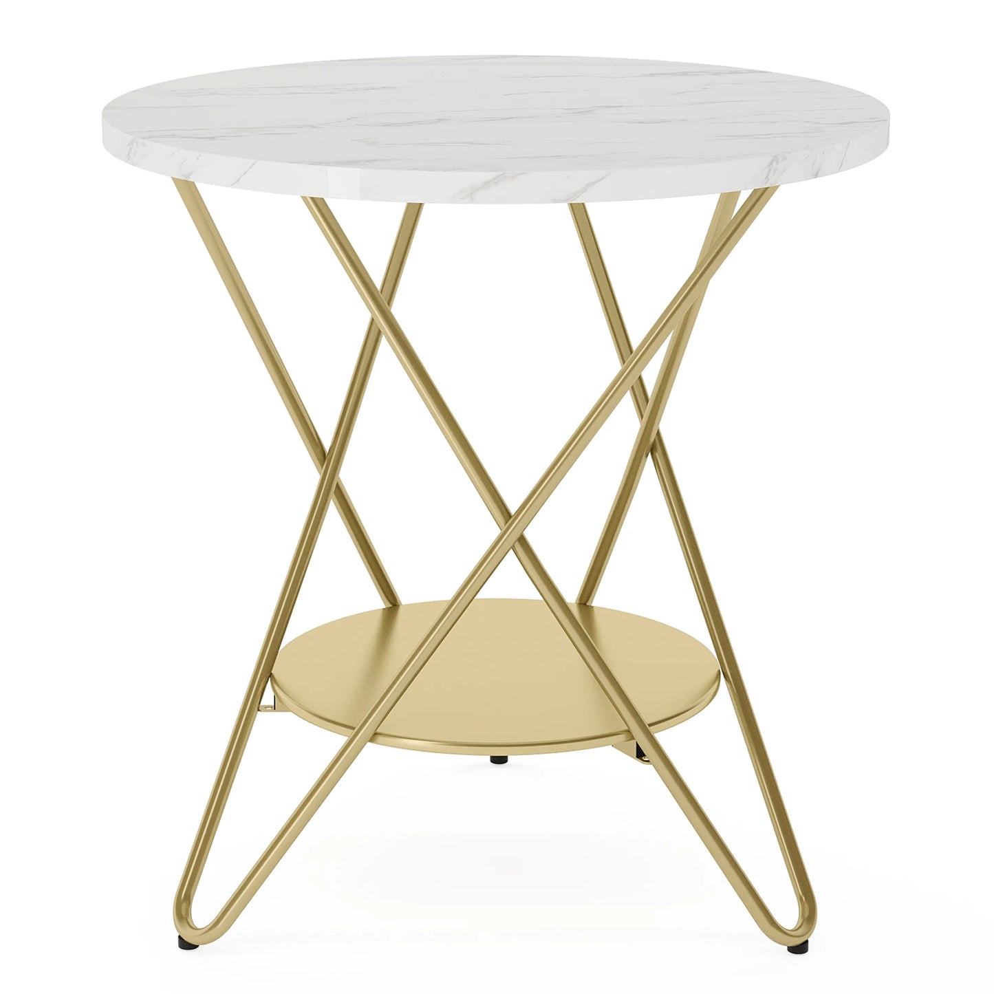 MonoWood 2 Tier Faux Marble End Table Round Side Table with Shelves Small Coffee Accent Table for Living Room, White and Gold