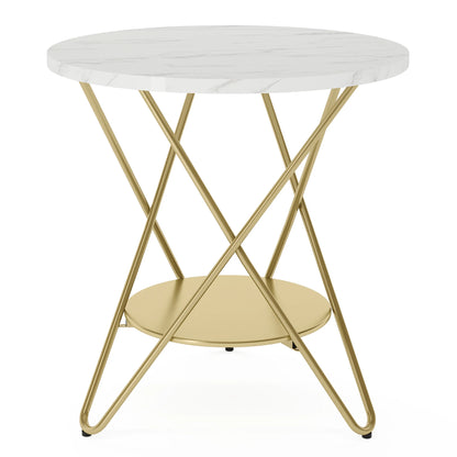 MonoWood 2 Tier Faux Marble End Table Round Side Table with Shelves Small Coffee Accent Table for Living Room, White and Gold