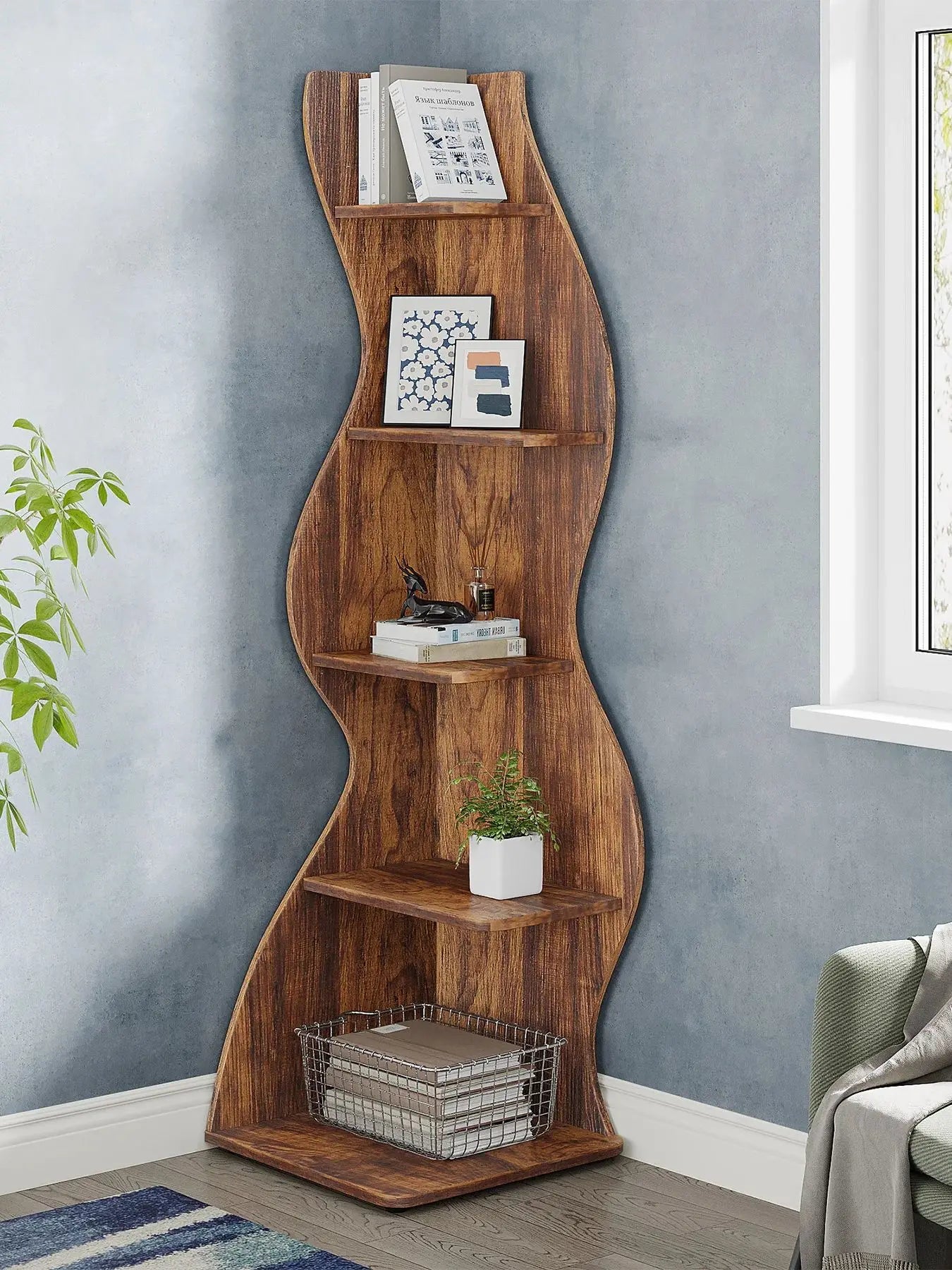 MonoWood Corner Shelf, Rustic 5-Tier Wall Corner Bookshelf, Stylish Corner Small Bookcase Storage Rack Plant Stand with Unique