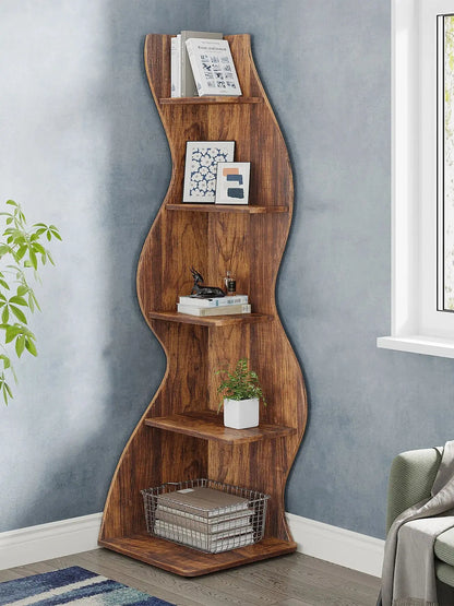 MonoWood Corner Shelf, Rustic 5-Tier Wall Corner Bookshelf, Stylish Corner Small Bookcase Storage Rack Plant Stand with Unique