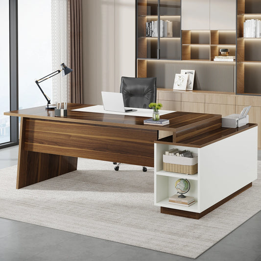 MonoWood L-Shaped Executive Office Desk, 70.5-Inch Mid-Century Modern Executive Desk with Storage Cabinet and Shelves