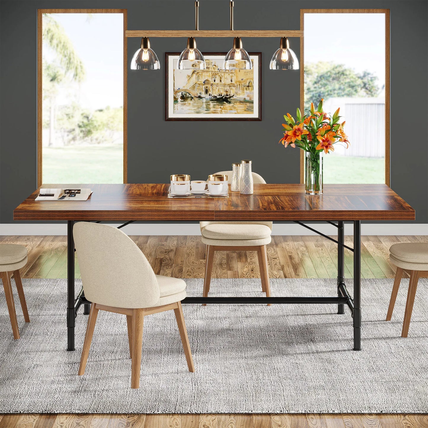 MonoWood Dining Table for 6-8 People, 70.9-Inch Rectangle Wood Kitchen Table with Tube Metal Frame, Rustic Dining Room Table