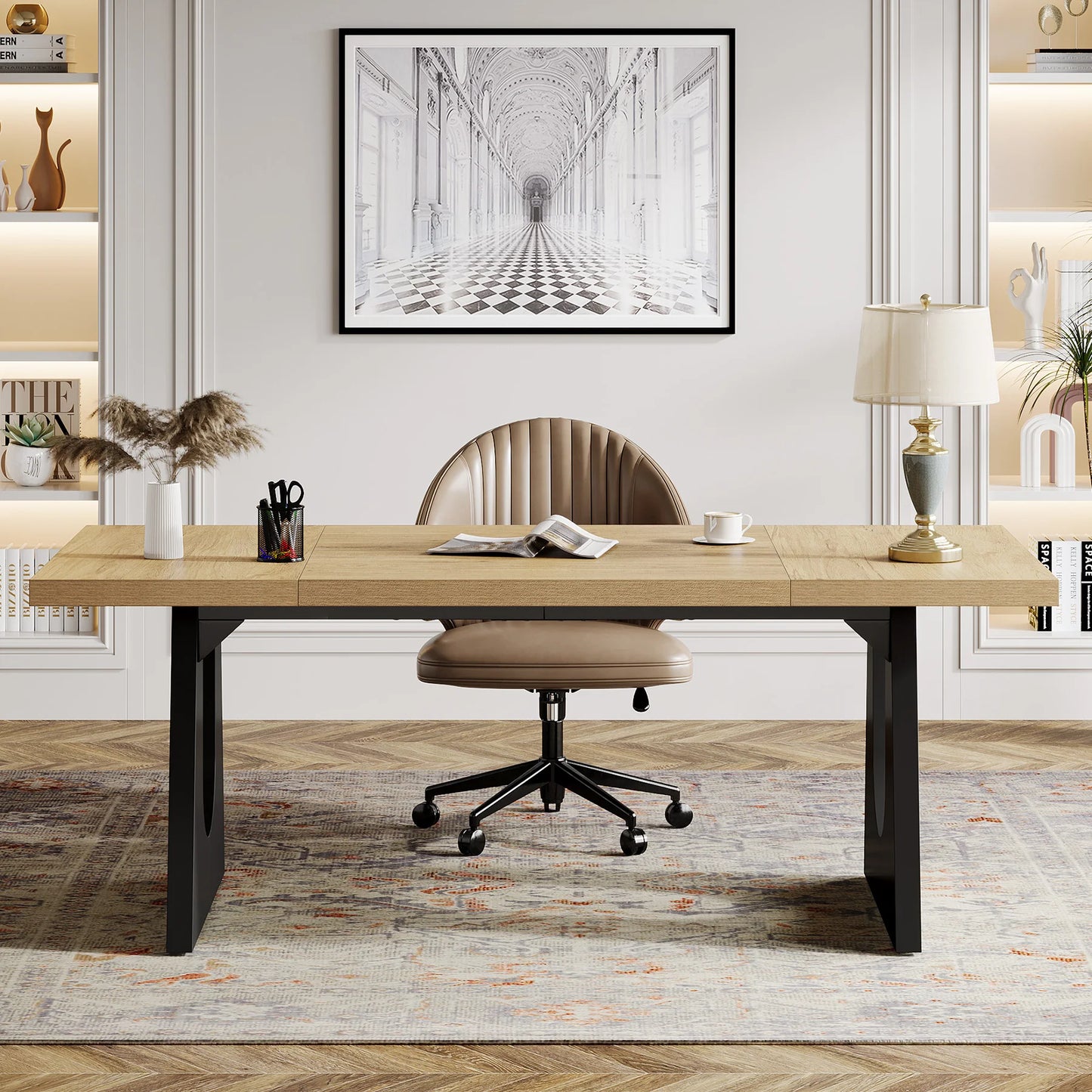 MonoWood 70.86-Inch Executive Desk, Large Computer Office Desk with Double Wood Pedestal, Modern Simple Style Rectangle table