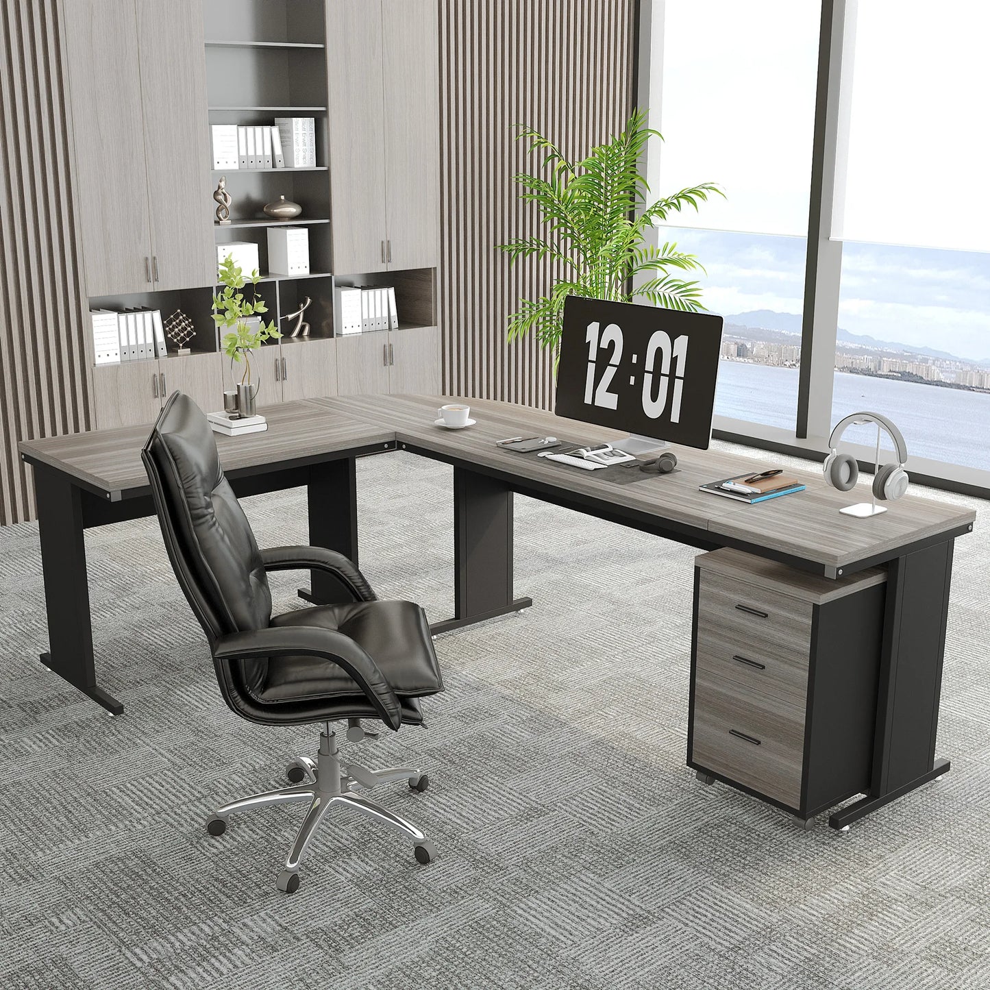 MonoWood L-Shaped Executive Desk, Large Office Desk with 3-Drawer File Cabinet, Industrial Corner Computer Table with Drawers