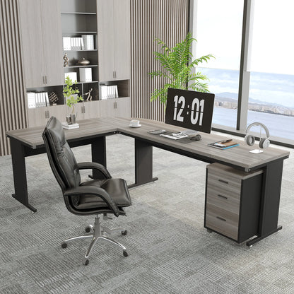 MonoWood L-Shaped Executive Desk, Large Office Desk with 3-Drawer File Cabinet, Industrial Corner Computer Table with Drawers