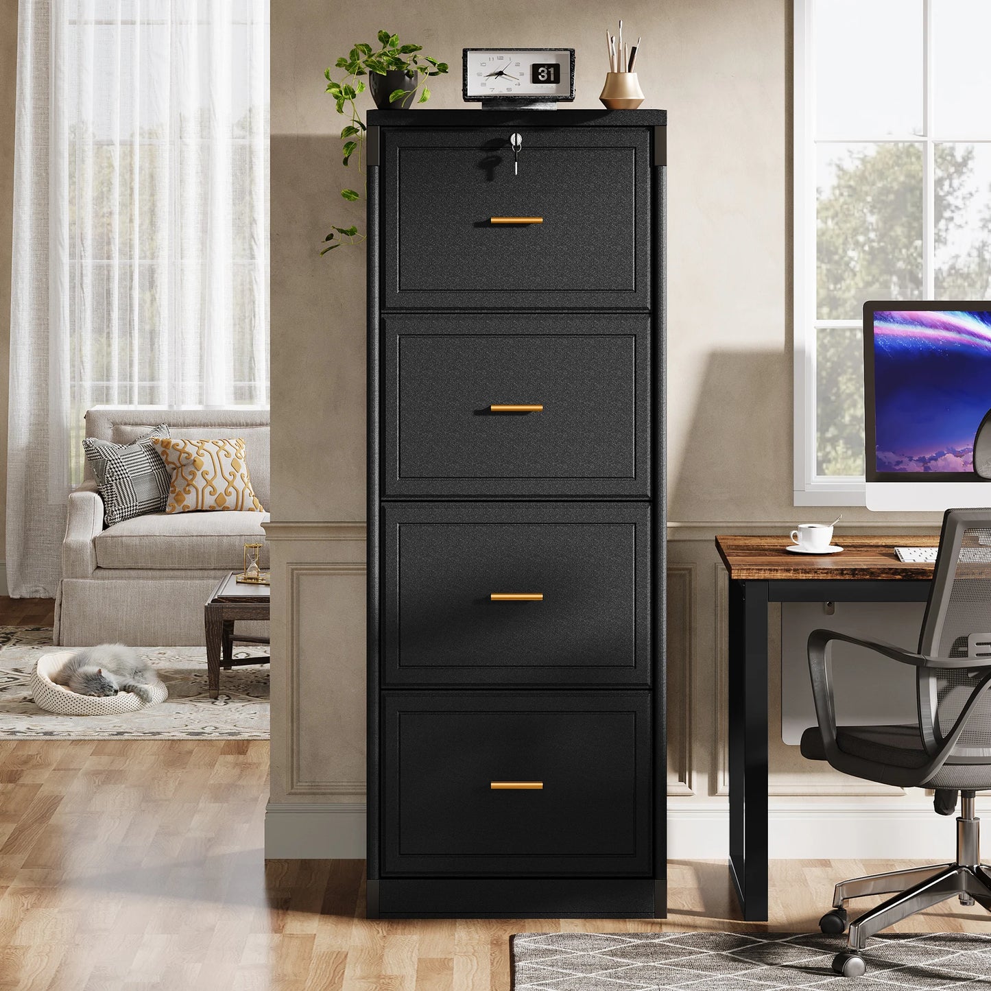 MonoWood 4-Drawer File Cabinet with Lock, Locked File Cabinet with Key, Tall Wooden Filing Cabinets for Home Office