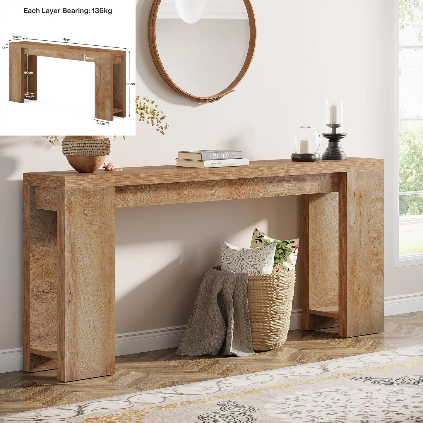 MonoWood 63-Inch Long Console Table, Farmhouse Wooden Sofa Table Behind The Couch, Narrow Entryway Table for Entrance, Hallway