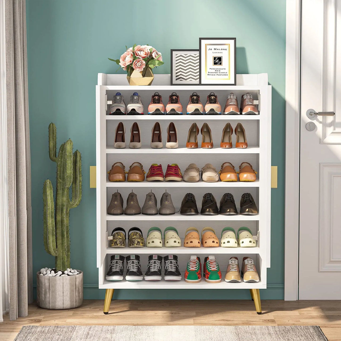MonoWood 6-Tier Shoe Cabinet with Doors, Wooden Shoe Storage Cabinet with Adjustable Shelves for Entryway, Hallway, Bedroom