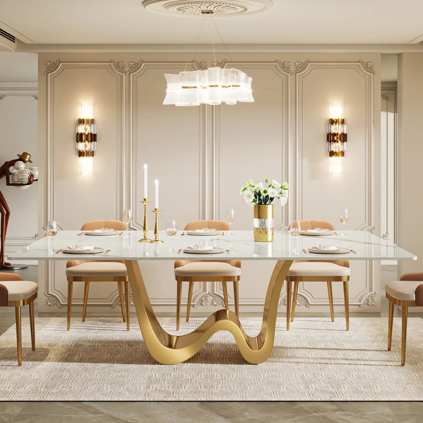 MonoWood 78.74" Sintered Stone Dining Table for 6-8, Modern Rectangle Dining Table, Luxury White & Gold Kitchen Table