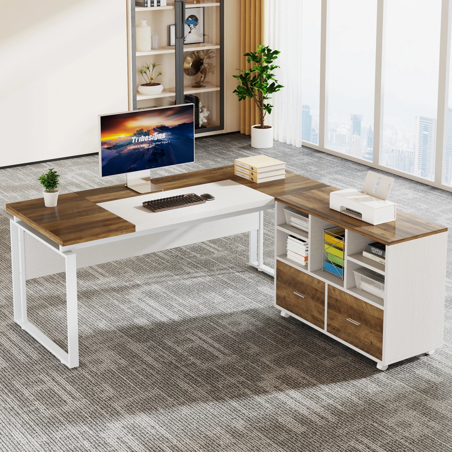 MonoWood L-Shaped Executive Desk with Reversible File Cabinet, 63" Office Desk with Storage Drawers, Computer Desk Set