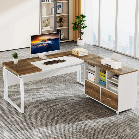 MonoWood L-Shaped Executive Desk with Reversible File Cabinet, 63" Office Desk with Storage Drawers, Computer Desk Set