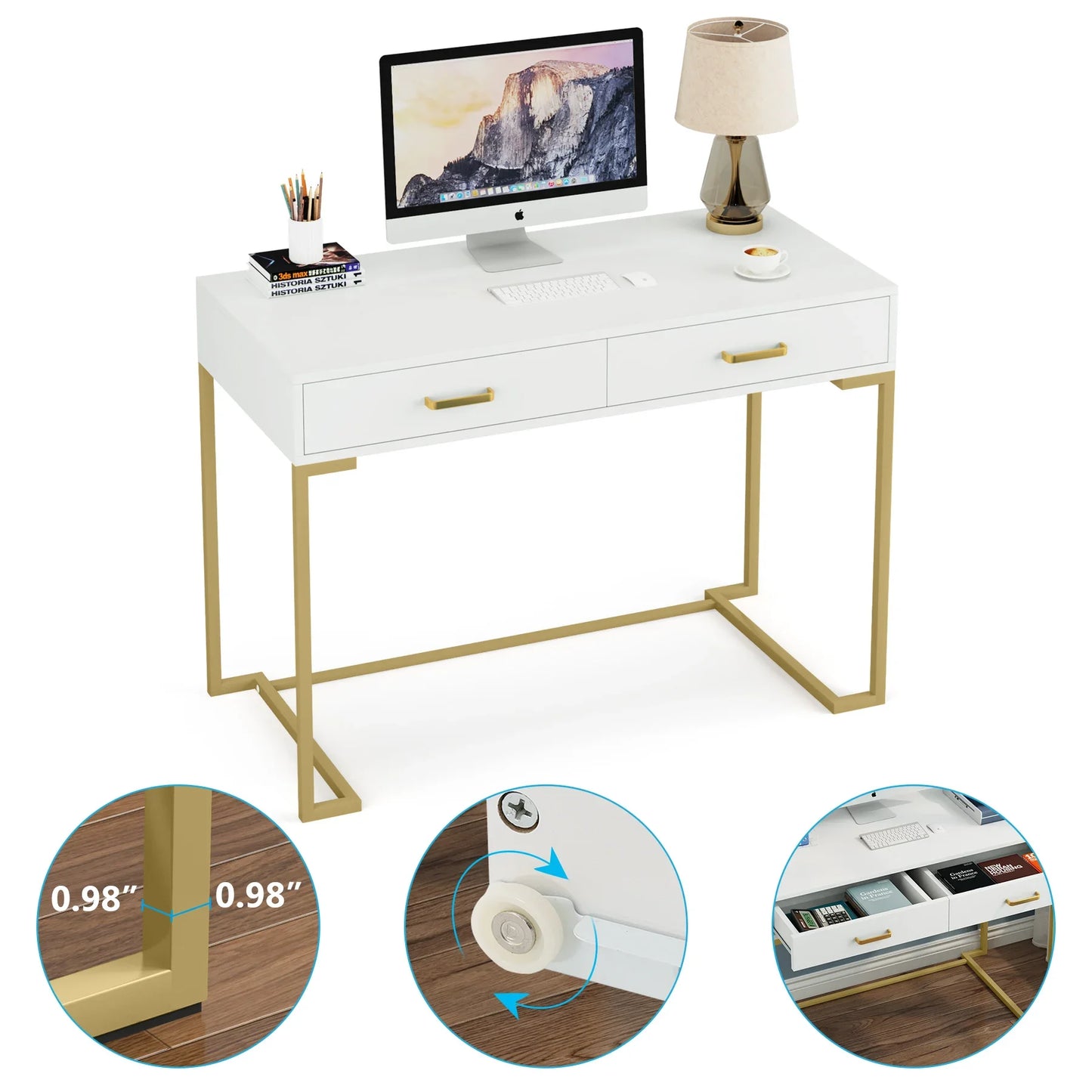 MonoWood Vanity Desk with 2 Drawers,White and Gold Small Makeup Vanity,Modern Vanity Table Dressing Desk for Women Girls Gift