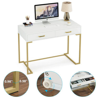 MonoWood Vanity Desk with 2 Drawers,White and Gold Small Makeup Vanity,Modern Vanity Table Dressing Desk for Women Girls Gift