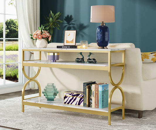 MonoWood 3-Tier Console Table, 55 inch Sofa Table with Open Storage Shelves, Narrow Long Hallway/Entryway Table
