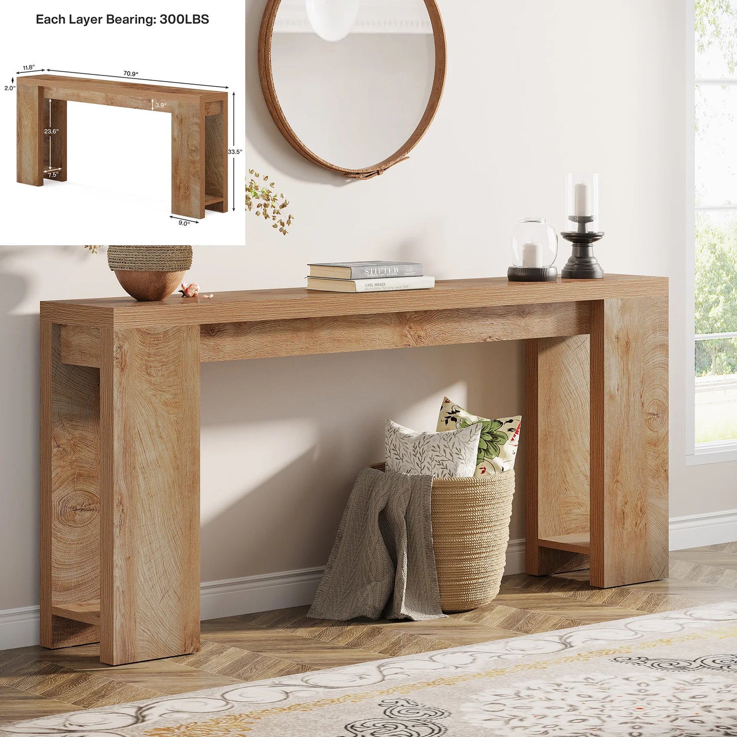 MonoWood 63-Inch Long Console Table, Farmhouse Wooden Sofa Table Behind The Couch, Narrow Entryway Table for Entrance, Hallway