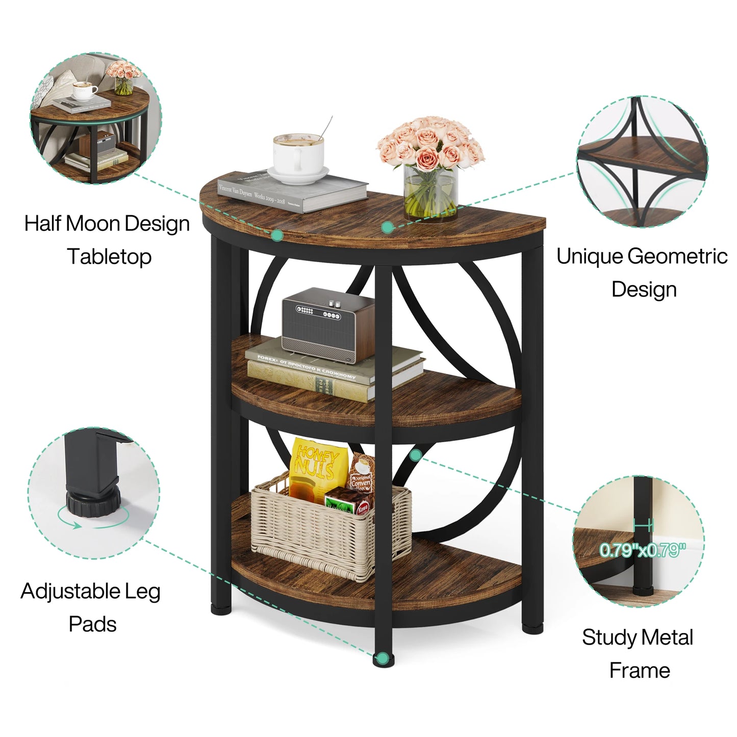 MonoWood Half Round End Table for Living Room, 3-Tier Half Side Table with Metal Frame, Industrial Table with Storage