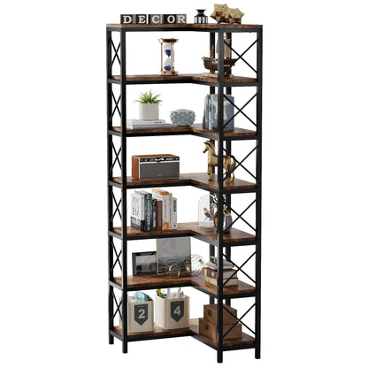 MonoWood 7-Shelf Corner Bookshelf,Large Modern Corner Bookcase, 7-Tier Tall Corner Shelf Storage Display Rack with Metal Frame