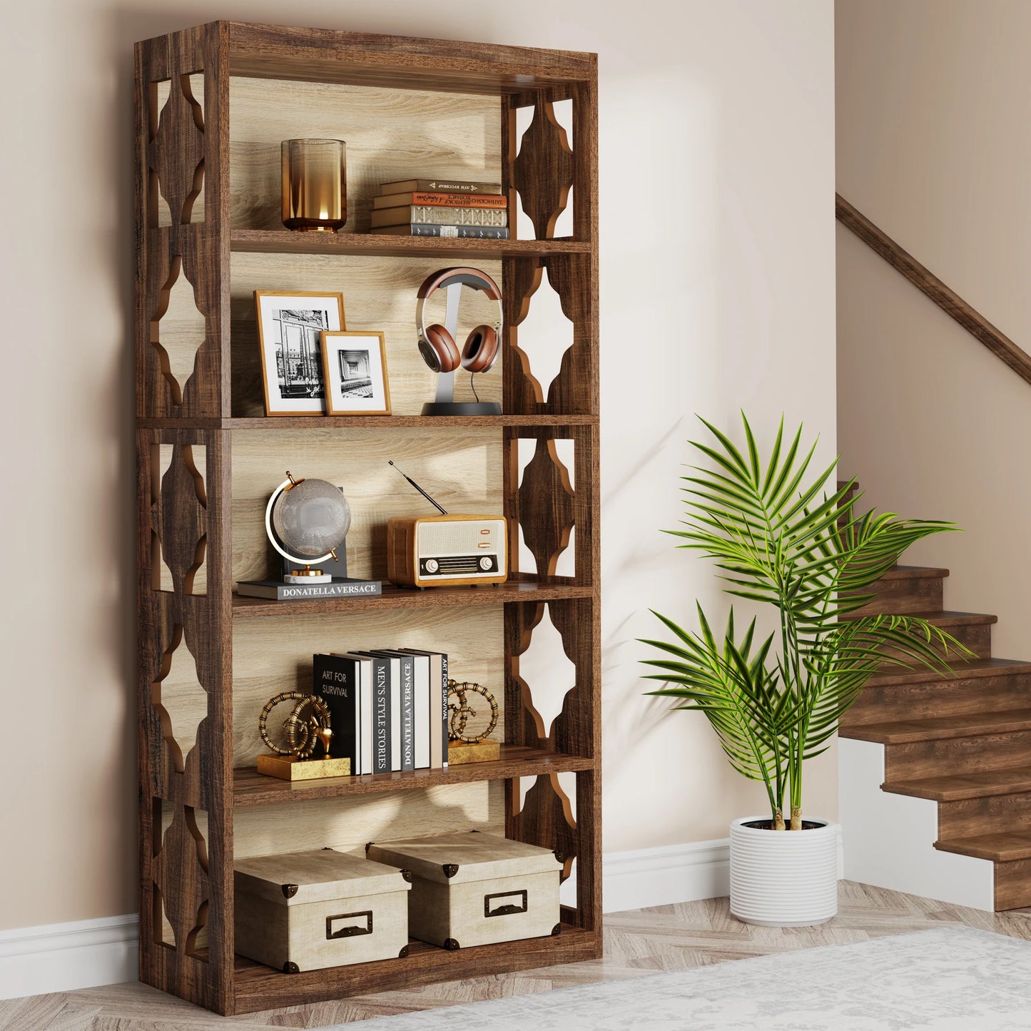 MonoWood 6-Tier Bookcase, 71 Inches Industrial Bookshelves and Bookcases, Floor Standing 5 Shelf Display Storage Shelves