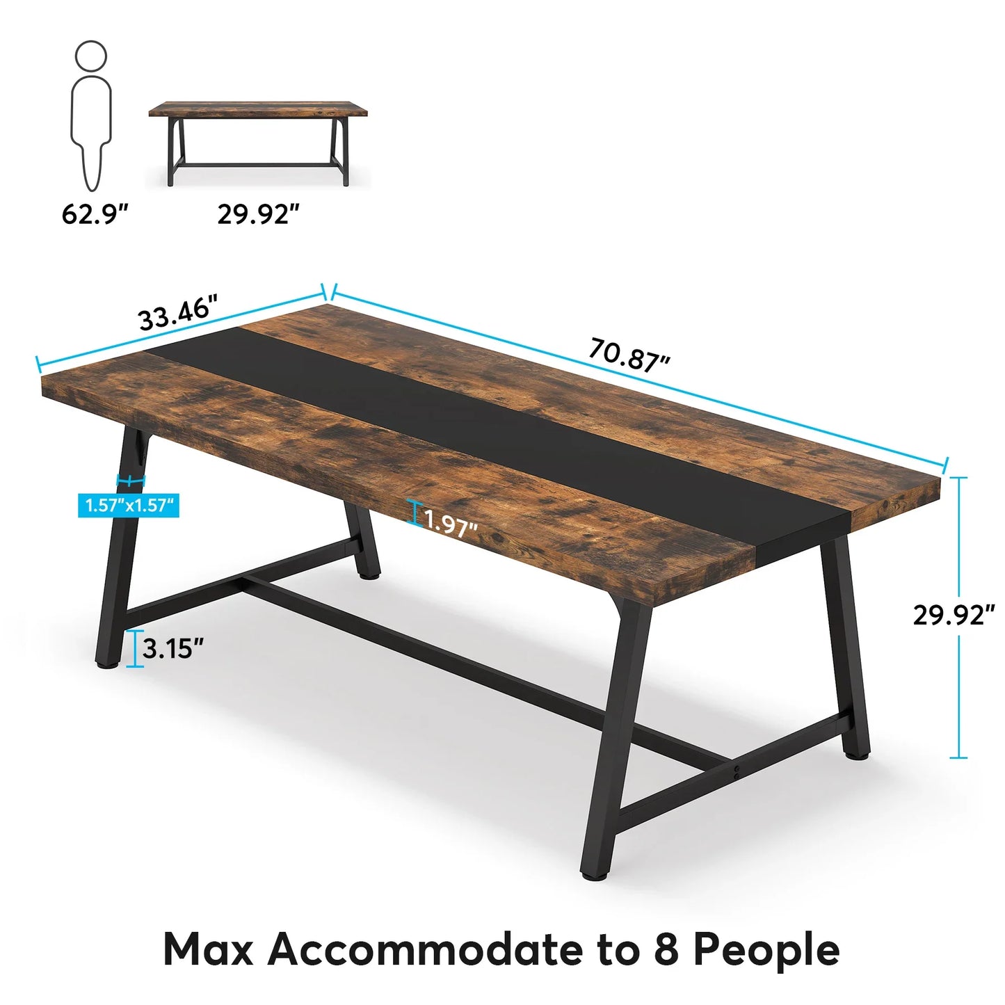 MonoWood Dining Table for 8 People, 70.87" Rectangular Wood Kitchen Table