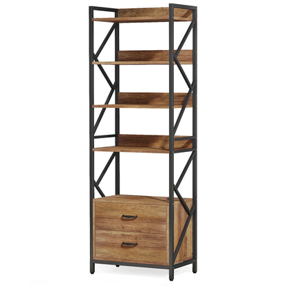 MonoWood Bookshelf with 2 Drawers, 70.8" Industrial Bookcase Bookshelf, 5 Shelf Open Shelf for Storage, Wood Book Shelf for Li