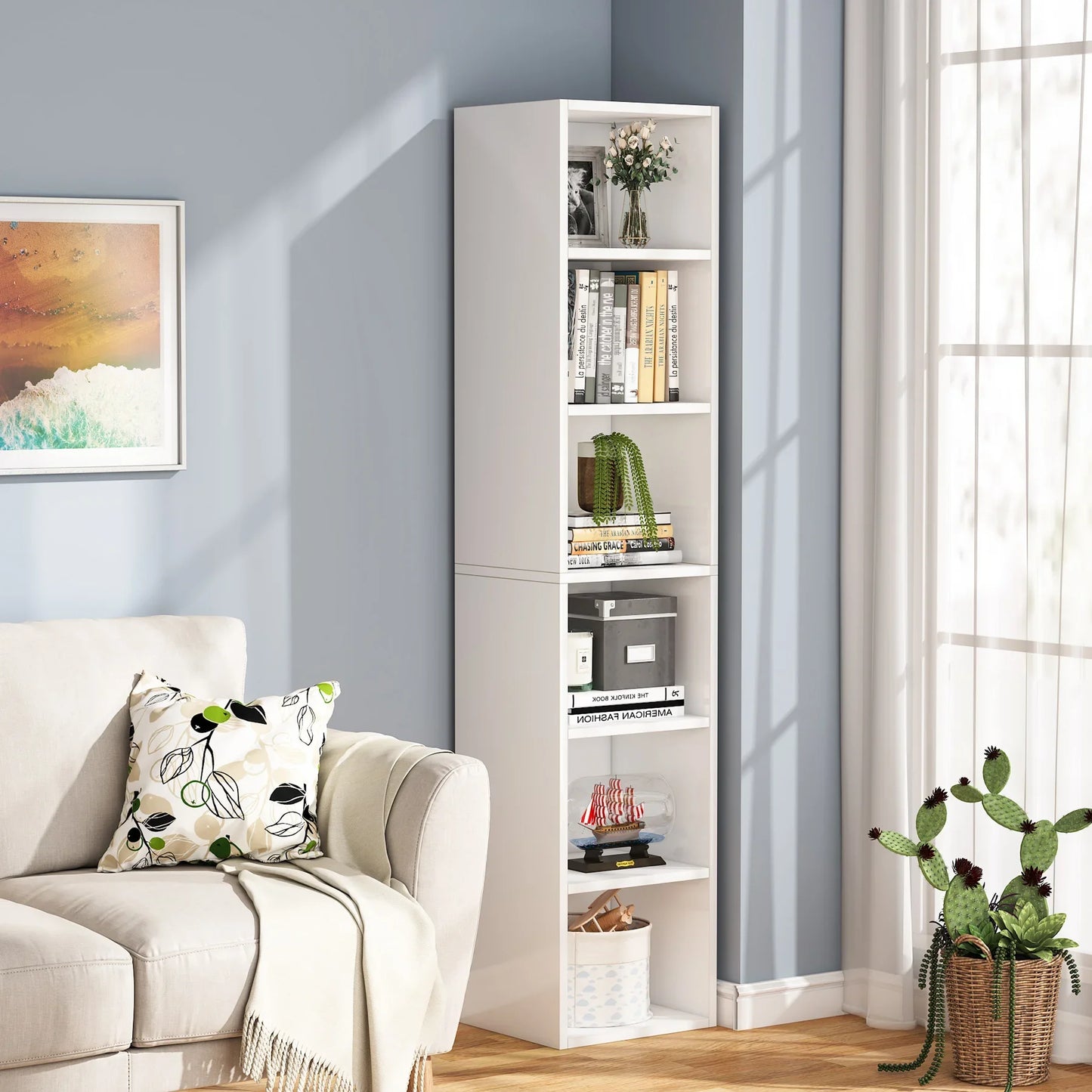 MonoWood 70.9 Inch Tall Narrow Bookcase, Modern White Corner Bookcase with Storage, 6 Tier Cube Display Shelves