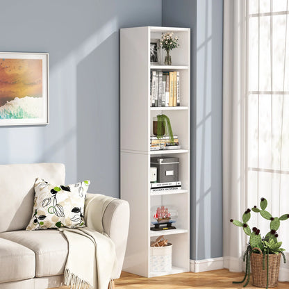 MonoWood 70.9 Inch Tall Narrow Bookcase, Modern White Corner Bookcase with Storage, 6 Tier Cube Display Shelves
