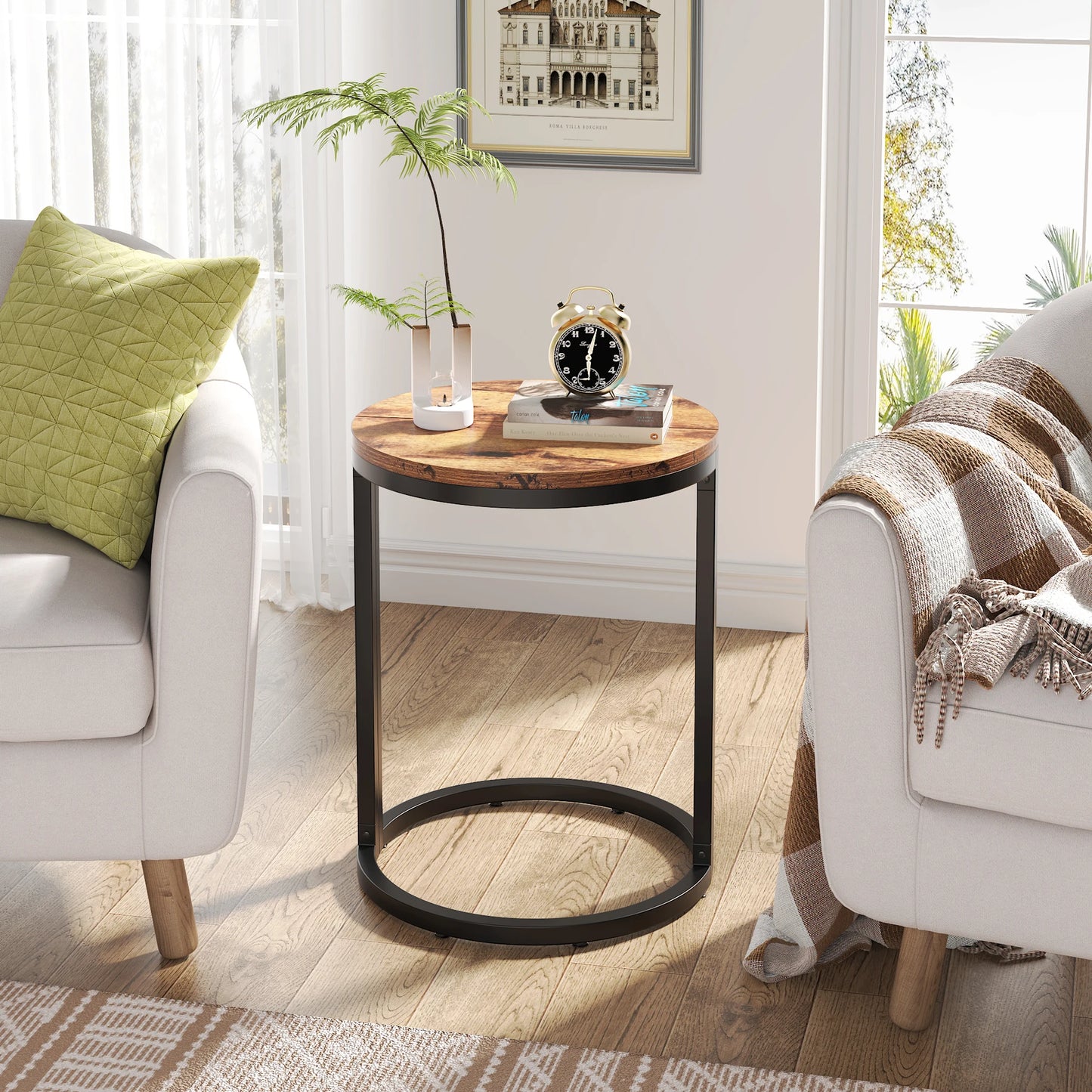 MonoWood End Table Semi Circle, Small Half Round Side Table with Metal Frame, Wood Accent Table Slim C Table