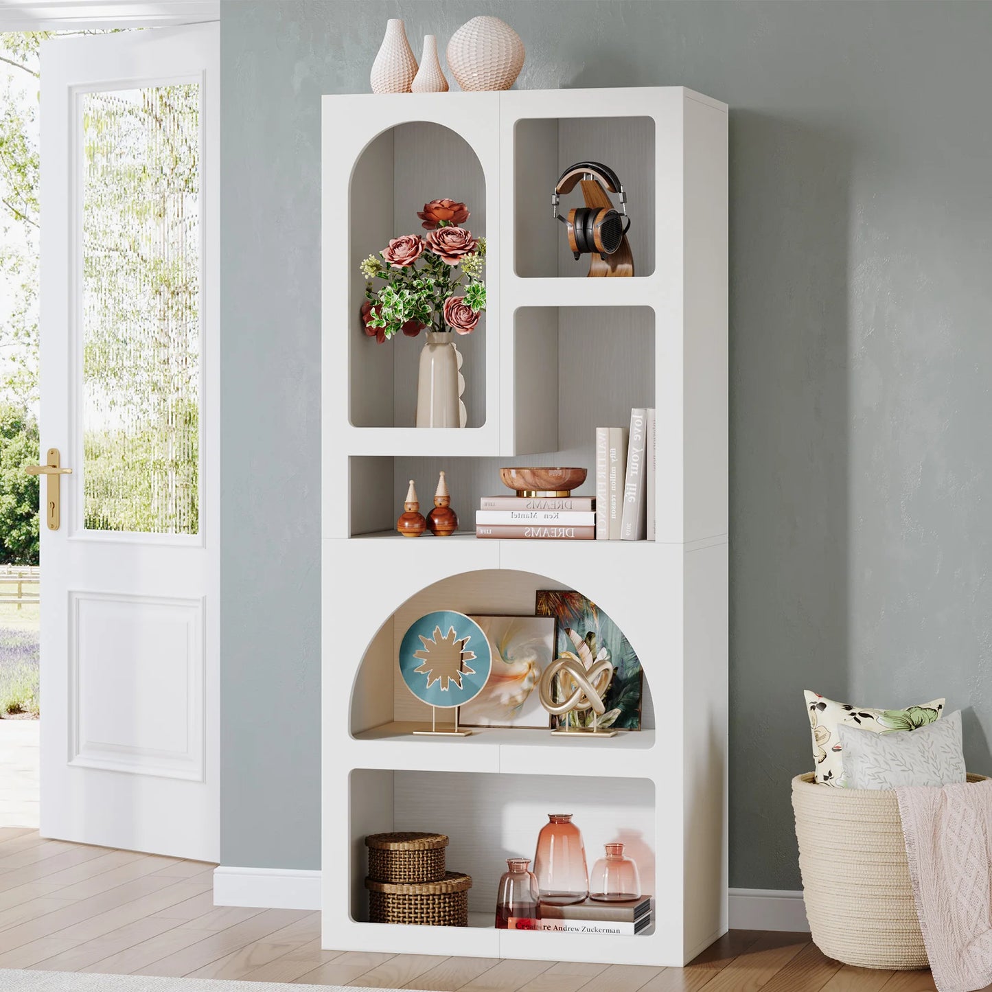 MonoWood 70.87" Tall Geometric Bookshelf, White Arched Bookcase with 5 Irregular Storage Shelves, Modern Open bookcase
