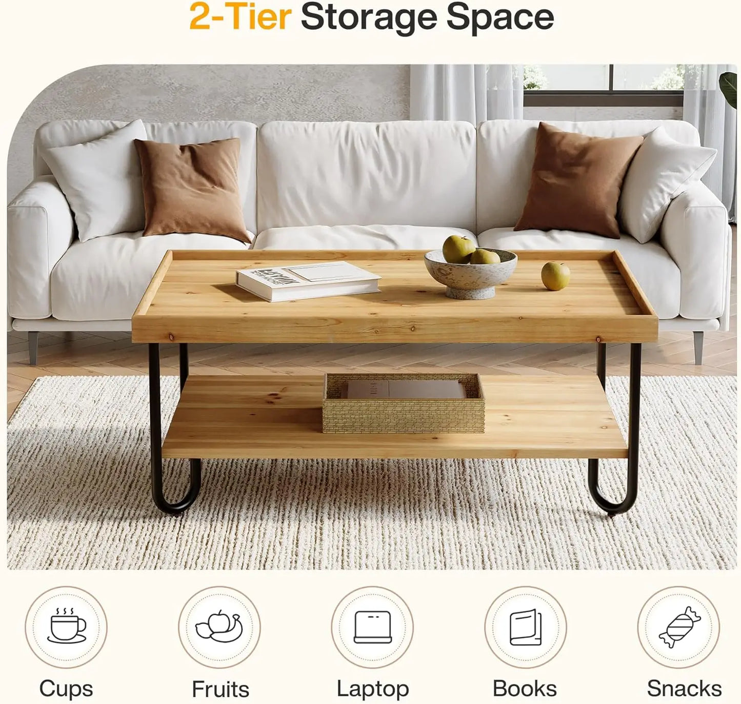 47.24-Inch Solid Wood Coffee Table, 2-Tier Rectangular Center Table with Curved Metal Legs, Industrial Coffee Desk for Living Ro