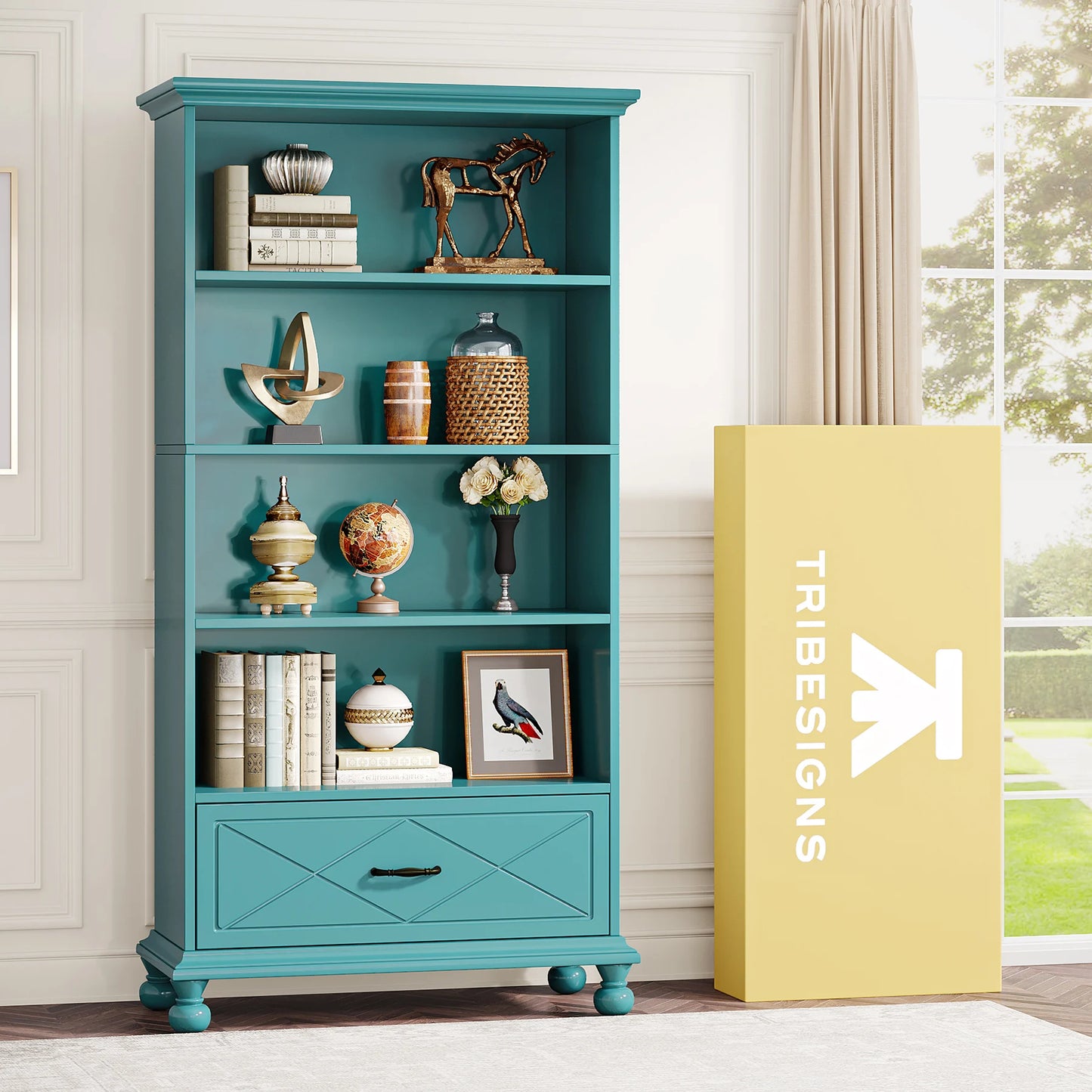 MonoWood 6-Shelf Bookcase with Drawer, 71 Inch Tall Floor Standing Bookshelf with Solid Wood Legs, Large Display Storage