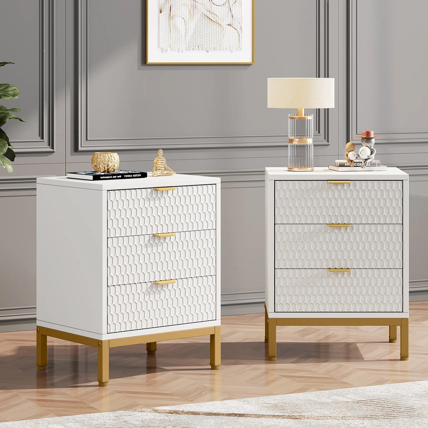MonoWood Modern Nightstand, 65.5 cm Tall Bedside Table with 3 Drawers, Contemporary End Side Table with Storage