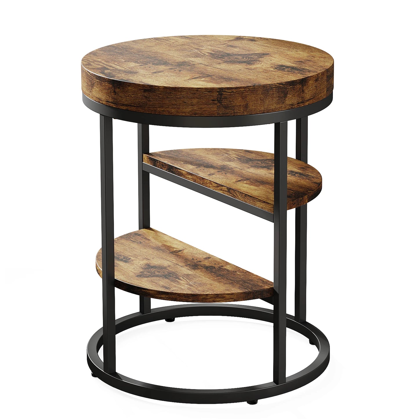 MonoWood Round End Table, Small End Table with 3 Storage Shelves, Wood Side Table for Small Spaces, Industrial Sofa Table