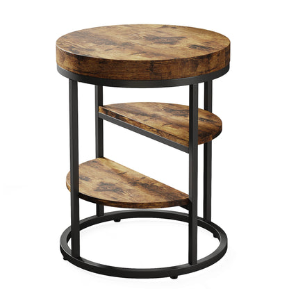 MonoWood Round End Table, Small End Table with 3 Storage Shelves, Wood Side Table for Small Spaces, Industrial Sofa Table