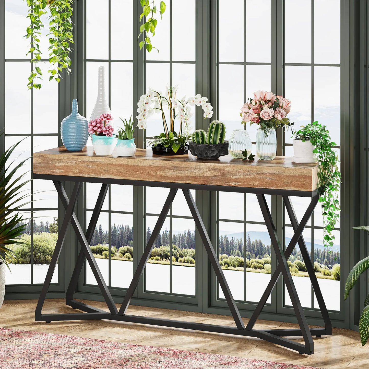 MonoWood 55 Inches Console Table, Sofa Table Wood Entryway Table with Unique Metal Base