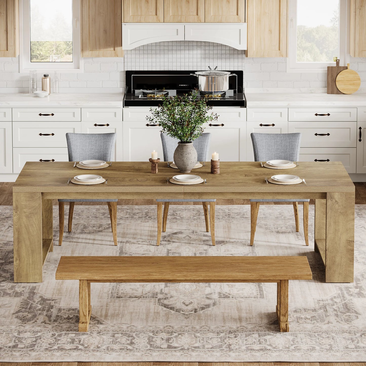 MonoWood 86.61-Inch Dining Table for 6-8 People, Modern Narrow Long Kitchen Table with Pedestal Base