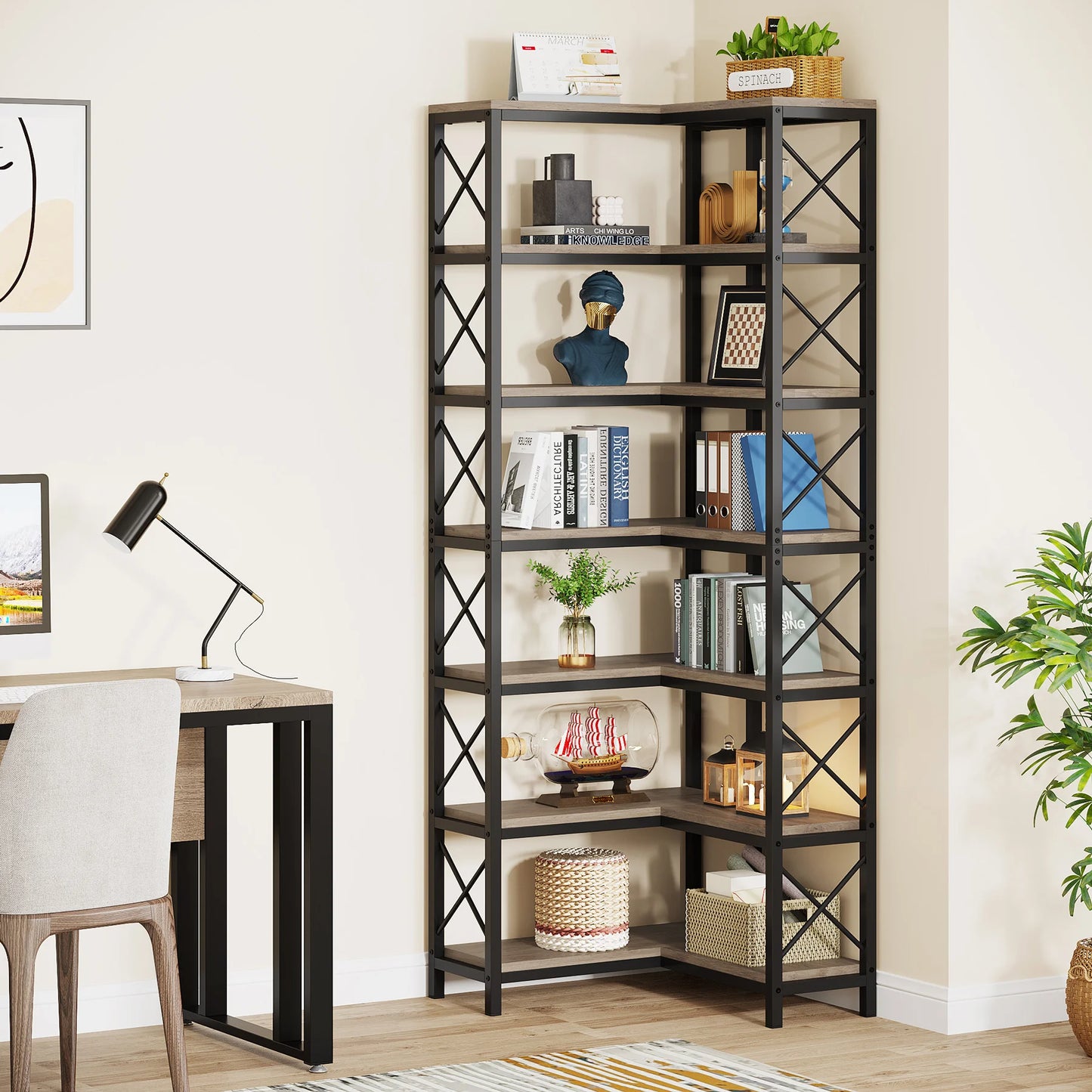 MonoWood 7-Shelf Corner Bookshelf,Large Modern Corner Bookcase, 7-Tier Tall Corner Shelf Storage Display Rack with Metal Frame