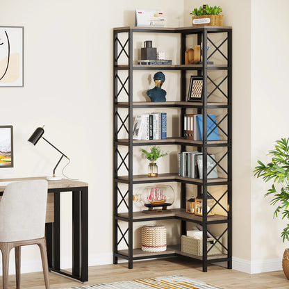MonoWood 7-Shelf Corner Bookshelf,Large Modern Corner Bookcase, 7-Tier Tall Corner Shelf Storage Display Rack with Metal Frame
